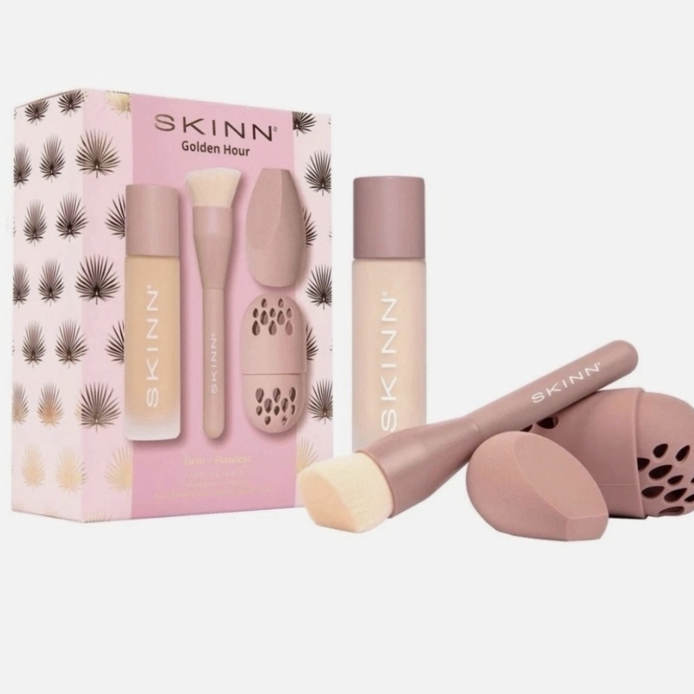SKINN Golden Hour Warm Sand Foundation, Brush, and Sponge Set